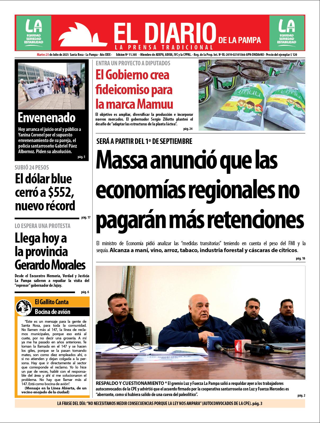 Tapa de El Diario en papel  martes 25 de julio de 2023